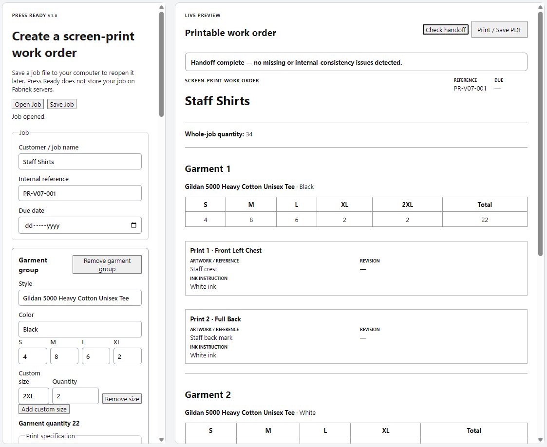 Press Ready showing a successful Check handoff result for a synthetic two-garment job