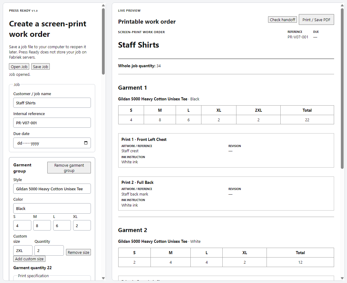 Press Ready editor showing a synthetic two-garment screen-print job with local Save and Open controls