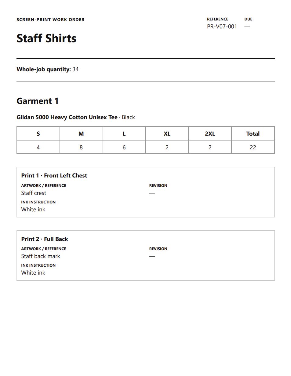 Page 1 of the actual Press Ready work order showing the job summary, first garment, quantities, and two print specifications