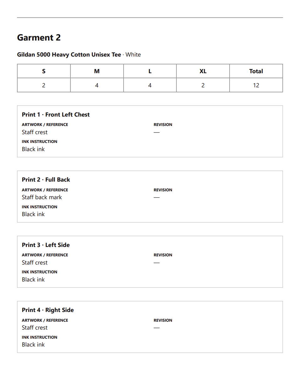 Page 2 of the actual Press Ready work order showing the second garment, quantities, and four print specifications